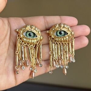 Schiaparelli Inspired Gold Eye Dangle Earrings